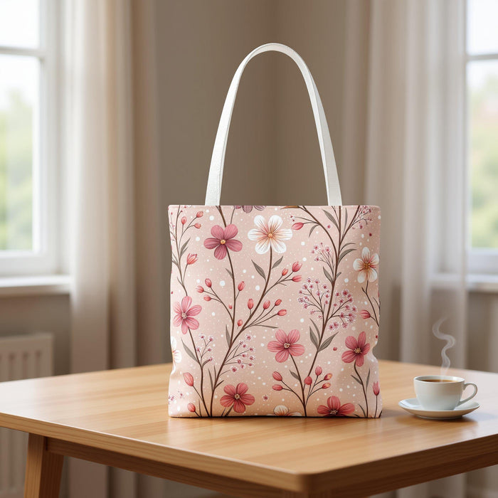 A tote bag with a floral pattern and a travel mug are displayed on a table, along with a book and some rose petals.