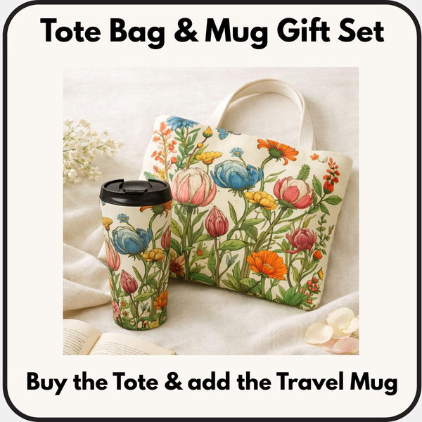 A tote bag with a floral pattern and a matching travel mug are displayed on a bed with white sheets and flowers.