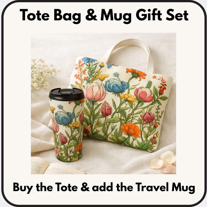 A tote bag with a floral pattern and a matching travel mug are displayed on a bed with white sheets and flowers.