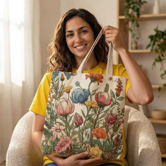 A tote bag with a floral pattern and a matching travel mug are displayed on a bed with white sheets and flowers.