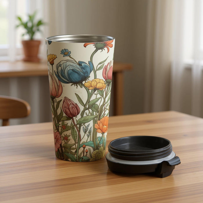 A tote bag with a floral pattern and a matching travel mug are displayed on a bed with white sheets and flowers.