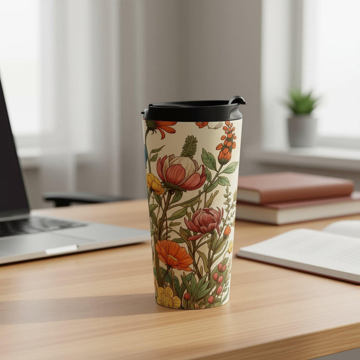 A tote bag with a floral pattern and a matching travel mug are displayed on a bed with white sheets and flowers.
