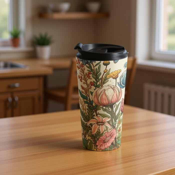 A tote bag with a floral pattern and a matching travel mug are displayed on a bed with white sheets and flowers.