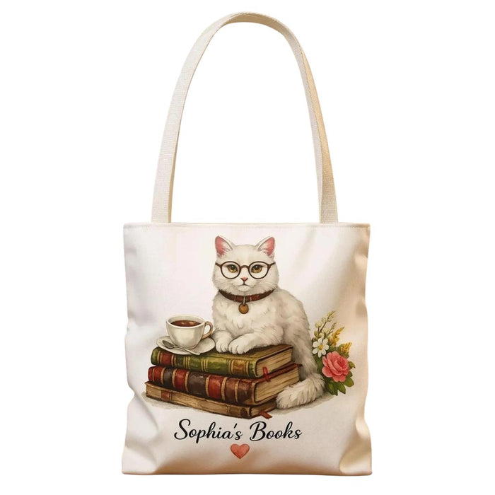 Personalized Booklover Cat Tote – Custom Name Tote Bag for Readers, Cute Cat & Books Design, Book Lover Gift, Library and Book Club Bag
