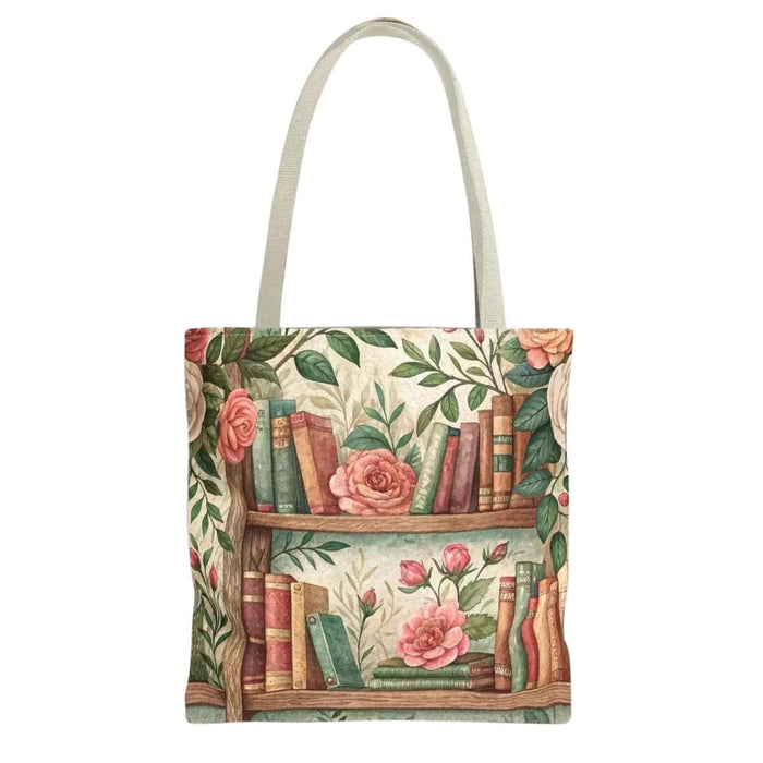 Tote Bag: Floral Bookshelf Design - Durable Polyester Carryall For Shopping and Books, 3 Sizes