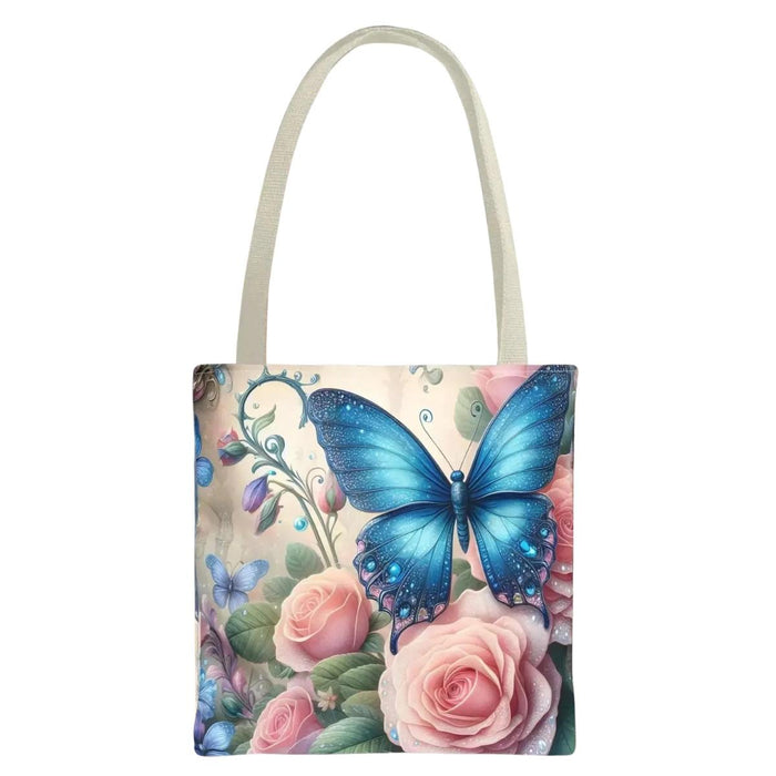 Butterfly Tote Bag, Floral Print, Blue and Pink Roses Books Shopping (Everyday Use)