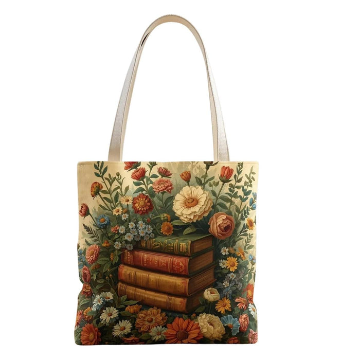 Floral Bookstack Tote Bag • Spring Literary Shopping Carryall Bag