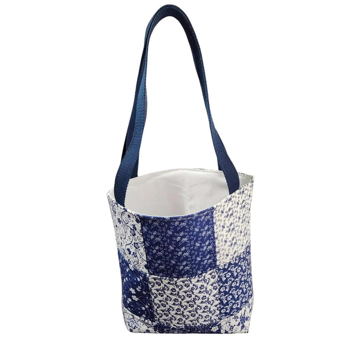 Handmade Patchwork Blue White Tote Bag • Cottagecore Cotton Purse (12