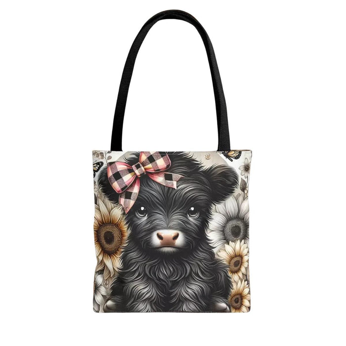 Highland Cow Floral Tote – Calf with Plaid Bow - Shopping Book Bag