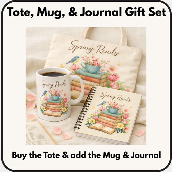A gift set featuring a tote bag, a mug, and a journal with a spring-themed design.