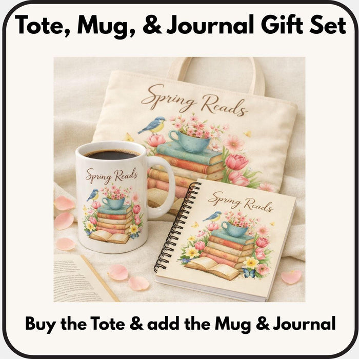A beige tote bag with a floral design and a stack of colorful books.