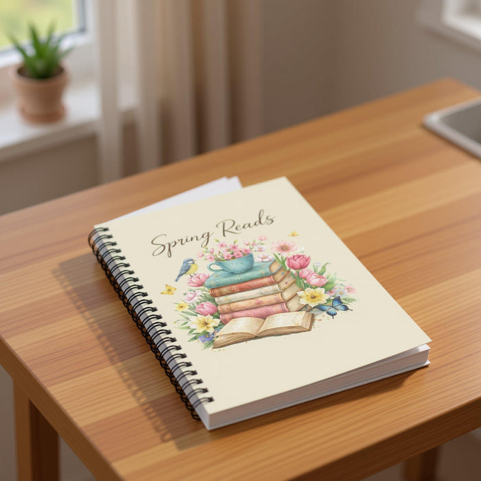A beige tote bag with a floral design and a stack of colorful books.