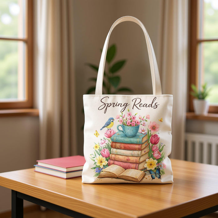 A beige tote bag with a floral design and a stack of colorful books.