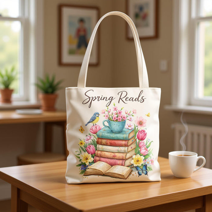A beige tote bag with a floral design and a stack of colorful books.