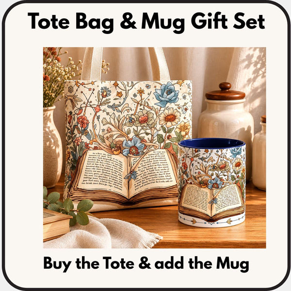 A tote bag and a mug with a floral design are displayed on a wooden surface, accompanied by a vase of flowers and other decorative items.