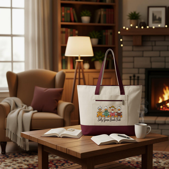 A tote bag and a travel mug with a design featuring cartoon ducks and the text "Silly Goose Book Club" are displayed on a wooden table.
