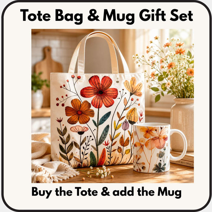 a tote bag with a floral design and a matching mug, placed on a wooden surface.