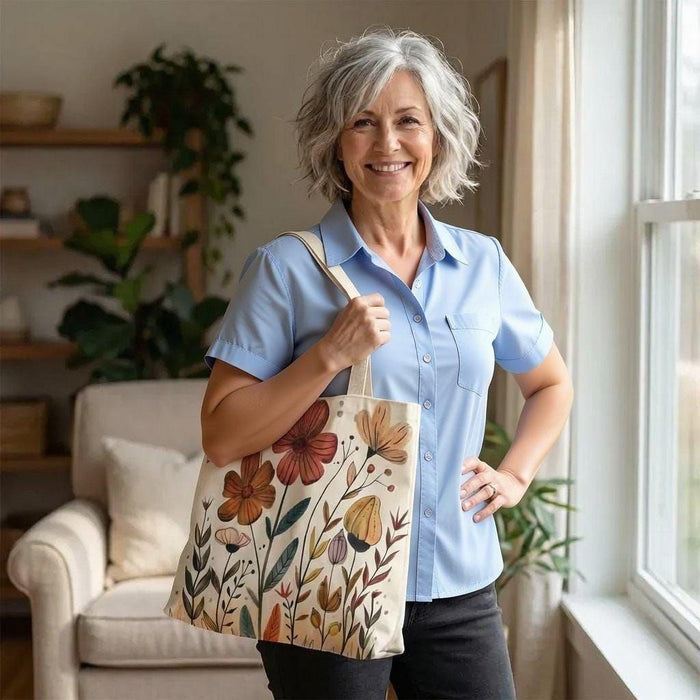 a tote bag with a floral design and a matching mug, placed on a wooden surface.