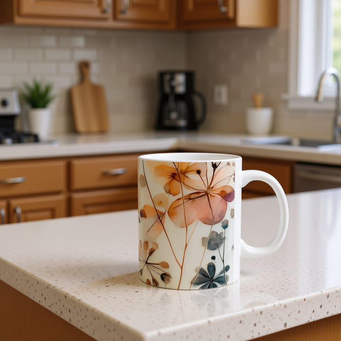 a tote bag with a floral design and a matching mug, placed on a wooden surface.