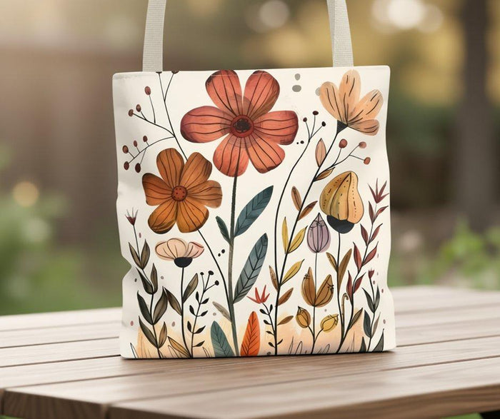 a tote bag with a floral design and a matching mug, placed on a wooden surface.