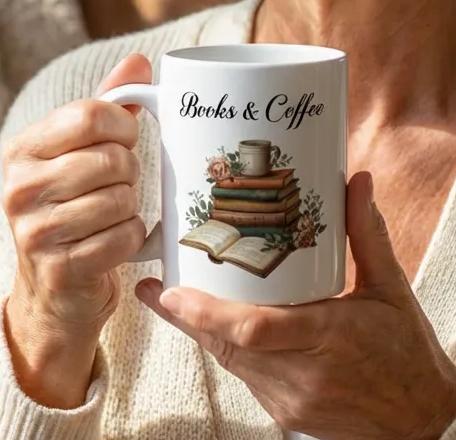 A white tote bag with a printed design of a stack of books and a cup of coffee, placed on a wooden table in a living room setting.