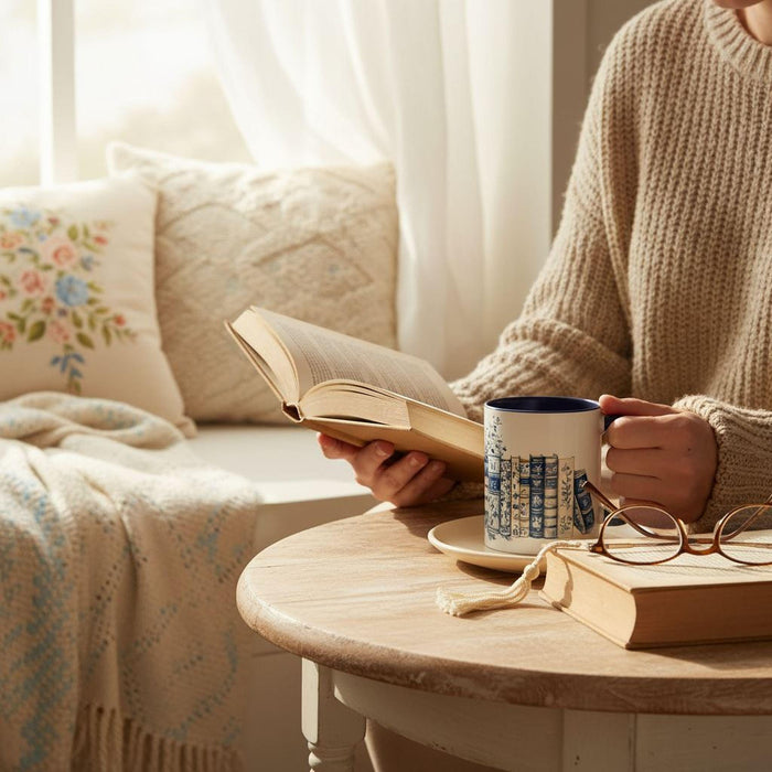 A white tote bag with a blue floral design and a stack of blue and white books, along with a matching blue and white mug, are displayed on a wooden surface.