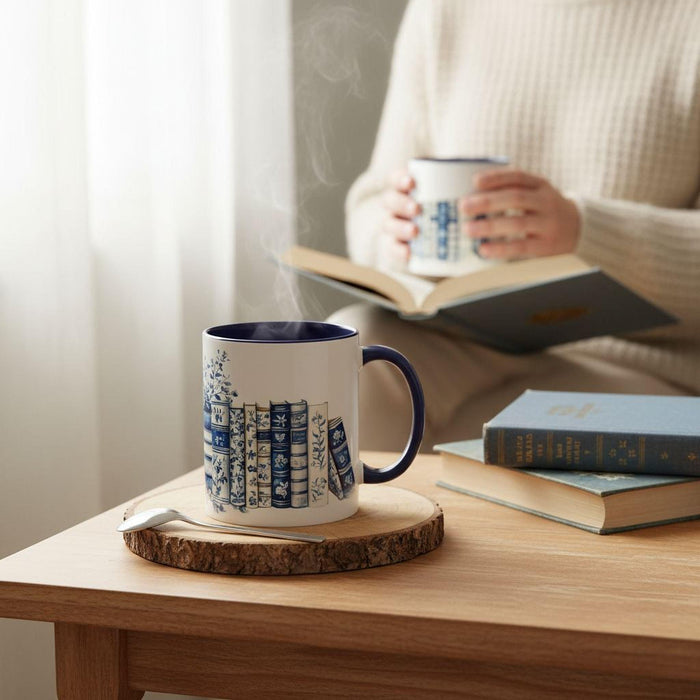 A white tote bag with a blue floral design and a stack of blue and white books, along with a matching blue and white mug, are displayed on a wooden surface.