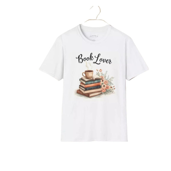 A beige t-shirt with a printed design that includes a cup of coffee, a stack of books, and flowers. The text on the t-shirt says "Book Lover".
