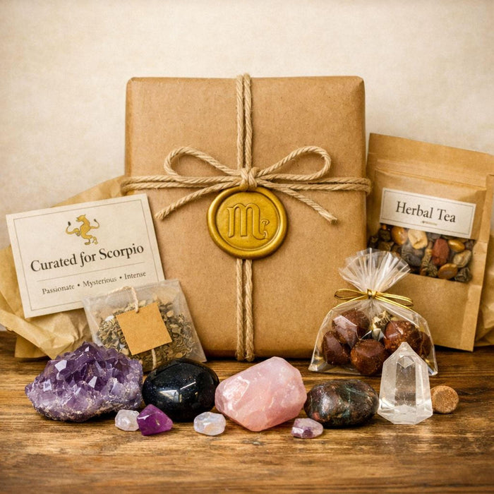 The image is a collage of various items related to astrology, including a book, herbs, crystals, and a gift box. The text "Blind Date with a Book" is displayed at the top, and "Zodiac Edition" is written at the bottom.
