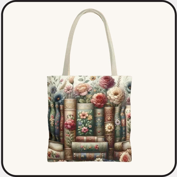 Book Lover Tote Bag | All-Over Books Flowers Print | Bookish Gift for Her | Library Bag | Reader Gift | Book Club Bag | Bookish Tote Bag