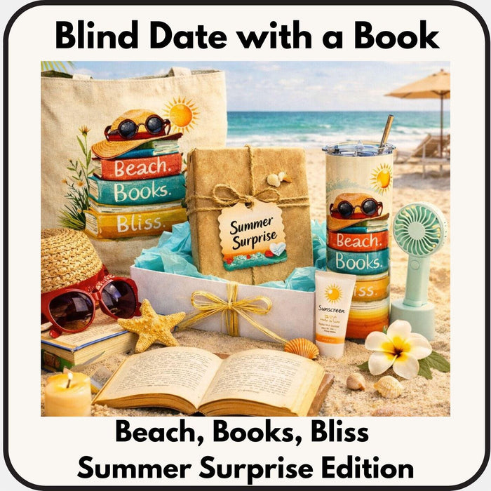 The image is a collage of various beach-related items, including a book, sunglasses, a straw hat, a starfish, a seashell, a beach umbrella, and a bottle of sunscreen, all arranged on a sandy beach.