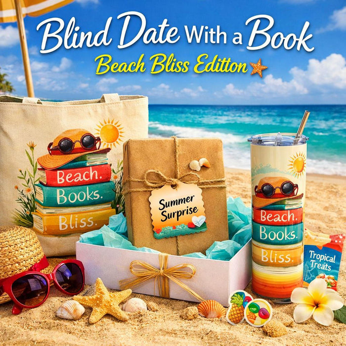 The image is a collage of various beach-related items, including a book, sunglasses, a straw hat, a starfish, a seashell, a beach umbrella, and a bottle of sunscreen, all arranged on a sandy beach.