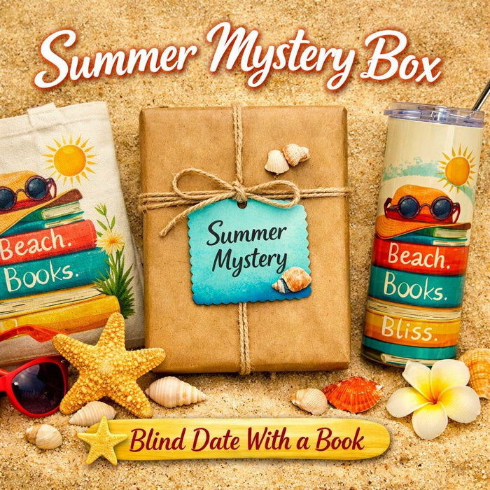 The image is a collage of various beach-related items, including a book, sunglasses, a straw hat, a starfish, a seashell, a beach umbrella, and a bottle of sunscreen, all arranged on a sandy beach.
