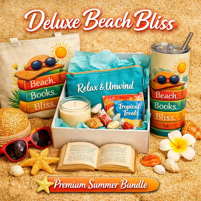 The image is a collage of various beach-related items, including a book, sunglasses, a straw hat, a starfish, a seashell, a beach umbrella, and a bottle of sunscreen, all arranged on a sandy beach.