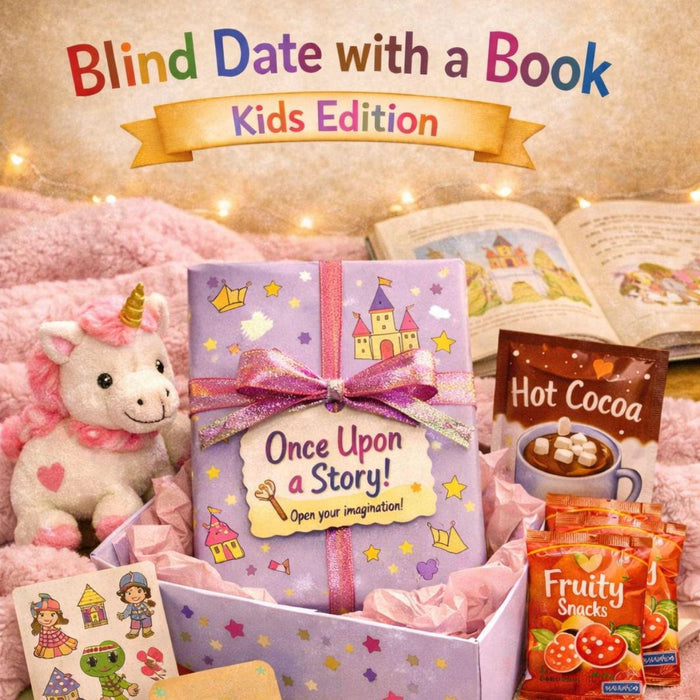 The image is a colorful and whimsical children's book display featuring a unicorn, a book, snacks, and other toys.
