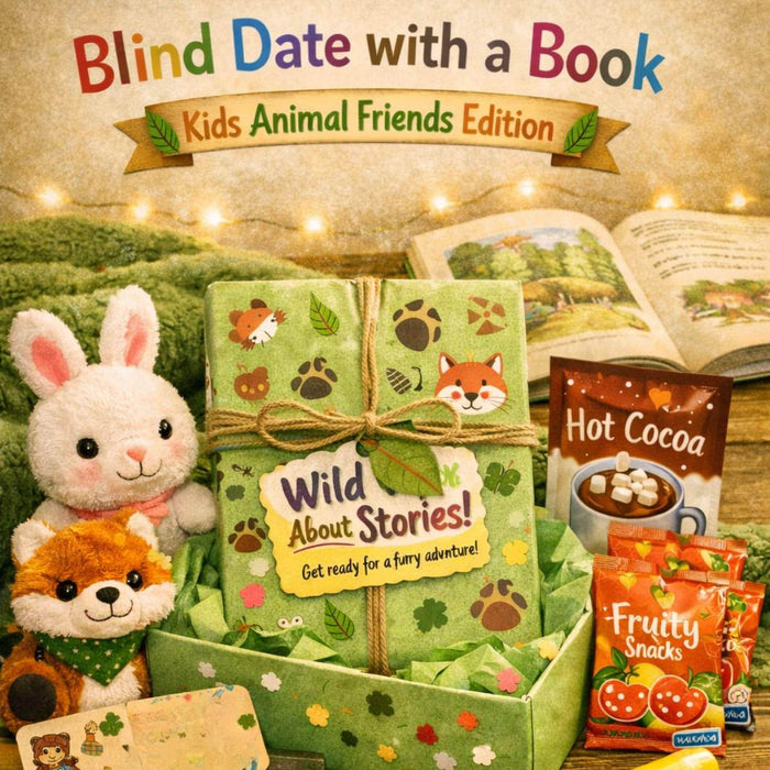 The image is a colorful and whimsical children's book display featuring a unicorn, a book, snacks, and other toys.