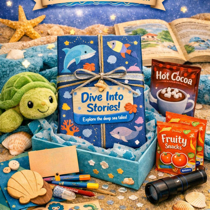 The image is a colorful and whimsical children's book display featuring a unicorn, a book, snacks, and other toys.