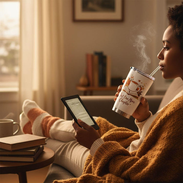 a box of books with a phone and a cup of coffee