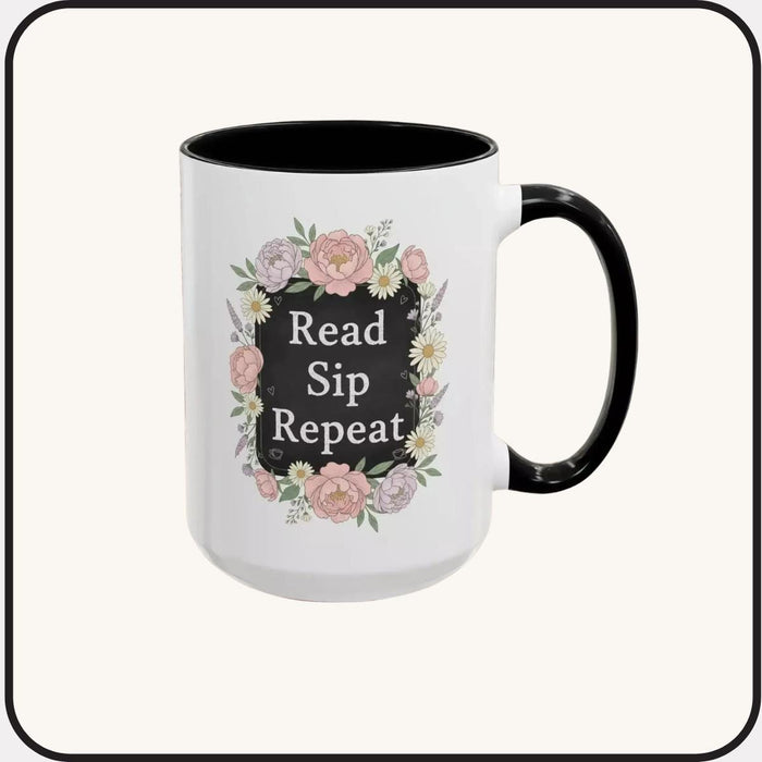 Read Sip Repeat Floral Accent Book Lover Reader Coffee Mug (11/15oz)