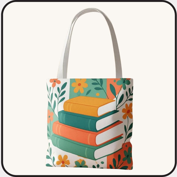 Bookish Floral Tote Bag – Illustrated Stack of Books Shopper, Cozy Reader Gift, Library Tote for Book Lovers, Aesthetic Book Bag