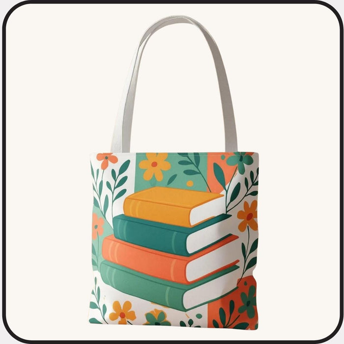 Bookish Floral Tote Bag – Illustrated Stack of Books Shopper, Cozy Reader Gift, Library Tote for Book Lovers, Aesthetic Book Bag