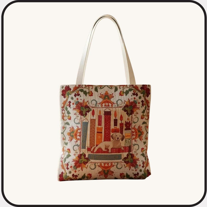 Bookish Dog Tote Bag – Vintage Quilted Look Print, Books & Dog Lover Gift, Library Aesthetic Tote