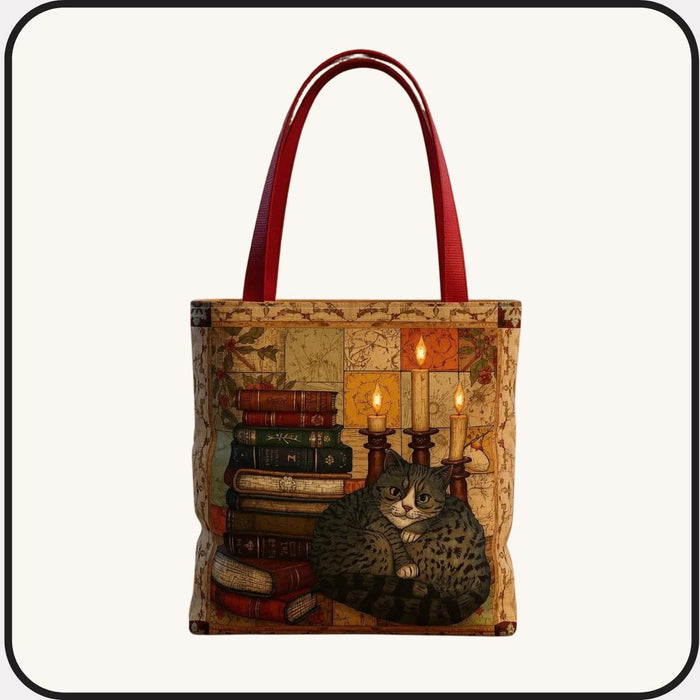 Vintage Reading Cat Tote Bag – Books & Cat Tote, Book Lover Gift, Literary Aesthetic Tote, Cute Cat Tote for Readers