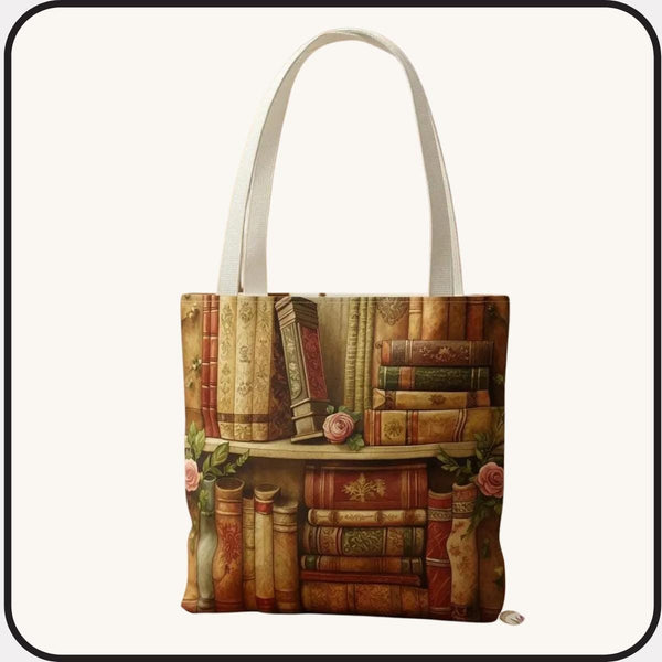 Vintage Bookshelf Floral Tote Bag – Book Lover Gift, Aesthetic Library Tote, Literary Flowers Bag, Reading Tote for Bookworms