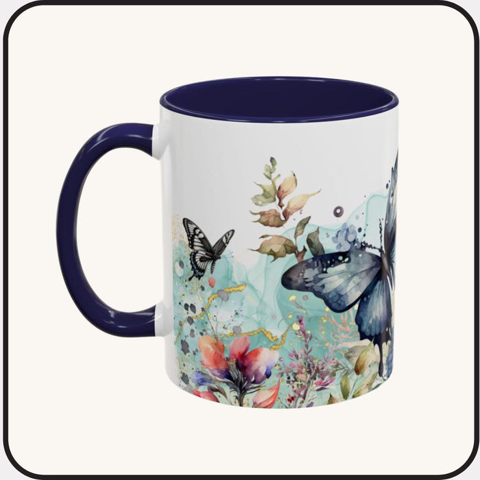 Floral Butterfly Coffee Mug • Navy Blue Botanical Nature Lover Cup