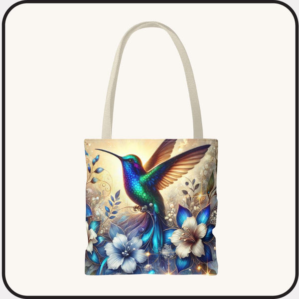 Hummingbird Floral Tote Bag • Vibrant Blue Bird & Blossoms Shopping Carryall Bag • Nature Lover Gift