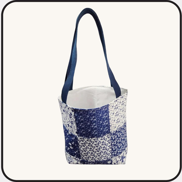 Handmade Patchwork Blue White Tote Bag • Cottagecore Cotton Purse (12" x 12")