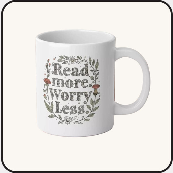 20oz Jumbo Mug - 'Read More. Worry Less.' Floral Ceramic Coffee Cup