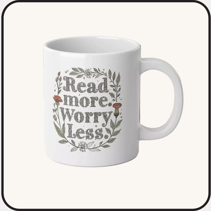 20oz Jumbo Mug - 'Read More. Worry Less.' Floral Ceramic Coffee Cup