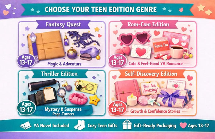 The image is an advertisement for a book titled "Blind Date with a Book" for a "Teen Edition" that includes a book box, mystery, fantasy adventure, cozy teen gifts, and a mystery novel.